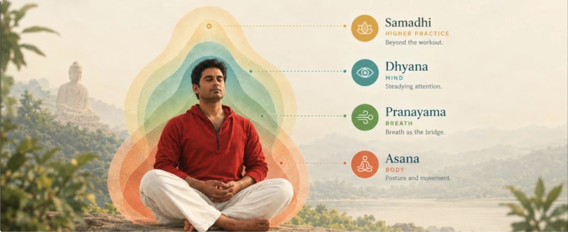 A person seated in meditation surrounded by concentric layers of coloured light